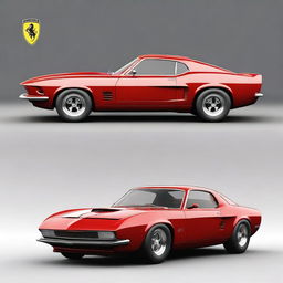 Generate an image of a fusion car that combines the design elements of a 1969 Ford Mustang and a Ferrari F50