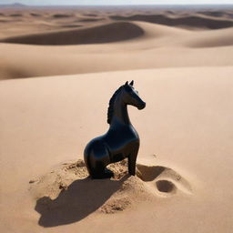 A black perfume bottle shaped like a horse, partially buried in the sand in the middle of a vast, sun-drenched desert.