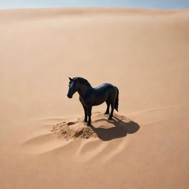 A black perfume bottle shaped like a horse, partially buried in the sand in the middle of a vast, sun-drenched desert.