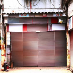 A 32x26 feet shop with a high gate and a metal shutter, located on a busy street in India.