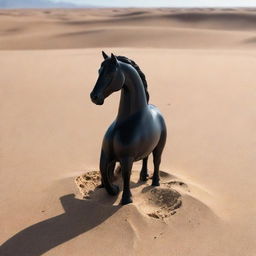 A black perfume bottle shaped like a horse, partially buried in the sand in the middle of a vast, sun-drenched desert.