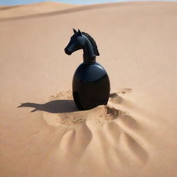 A black perfume bottle shaped like a horse, partially buried in the sand in the middle of a vast, sun-drenched desert.