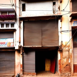 A 32x26 feet shop with a high gate and a metal shutter, located on a busy street in India.