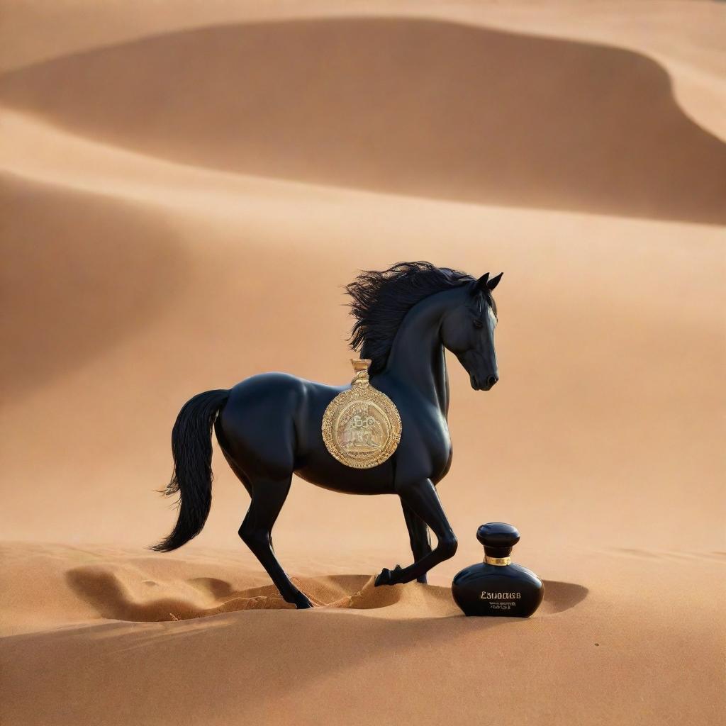 A black perfume bottle shaped like a horse, engraved with 'Oud', rests amidst the golden desert sand for a professional advertisement photo shoot.