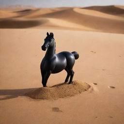 A black perfume bottle shaped like a horse, engraved with 'Oud', rests amidst the golden desert sand for a professional advertisement photo shoot.