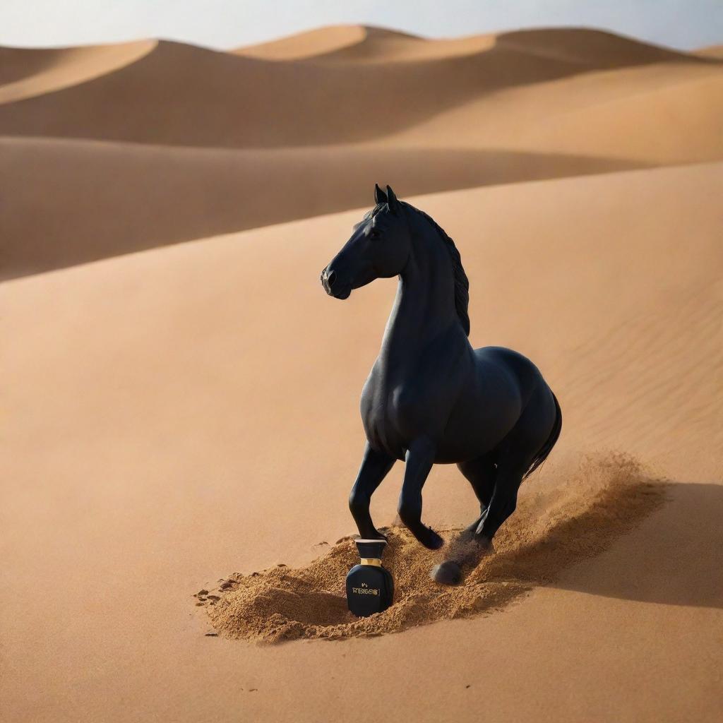 A black perfume bottle shaped like a horse, engraved with 'Oud', rests amidst the golden desert sand for a professional advertisement photo shoot.