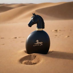 A black perfume bottle shaped like a horse, engraved with 'Oud', rests amidst the golden desert sand for a professional advertisement photo shoot.