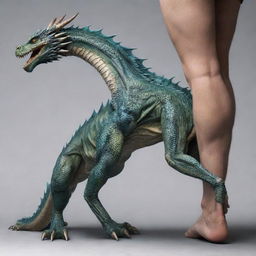 A hyper-realistic illustration of a majestic dragon intricately climbing up a person's calf, showcasing the interaction of muscles, scales, and skin texture.