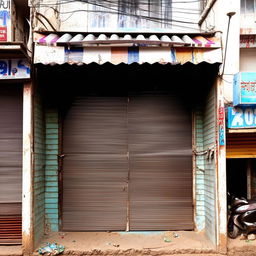 A 32x26 feet shop with a high gate and a metal shutter, located on a busy street in India.