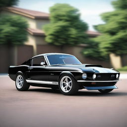 Generate an ultra-realistic 4K image of a black 1969 Shelby Cobra Ford Mustang GT500