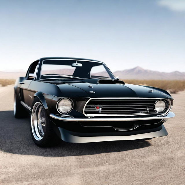 Generate an ultra-realistic 4K image of a black 1969 Shelby Cobra Ford Mustang GT500