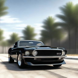 Generate an ultra-realistic 4K image of a black 1969 Shelby Cobra Ford Mustang GT500