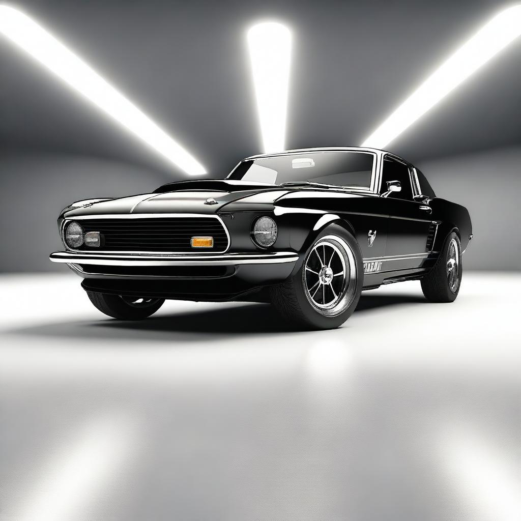 Generate a highly detailed, ultra-realistic 4K image of a black 1969 Shelby Cobra Ford Mustang GT500