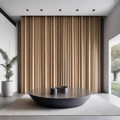 The minimalist house featured a stunning focal point - a display of vertical flutes arranged in a symmetrical pattern on the wall.