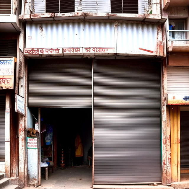 A 32x26 feet shop with a high gate and a metal shutter, located on a busy street in India.