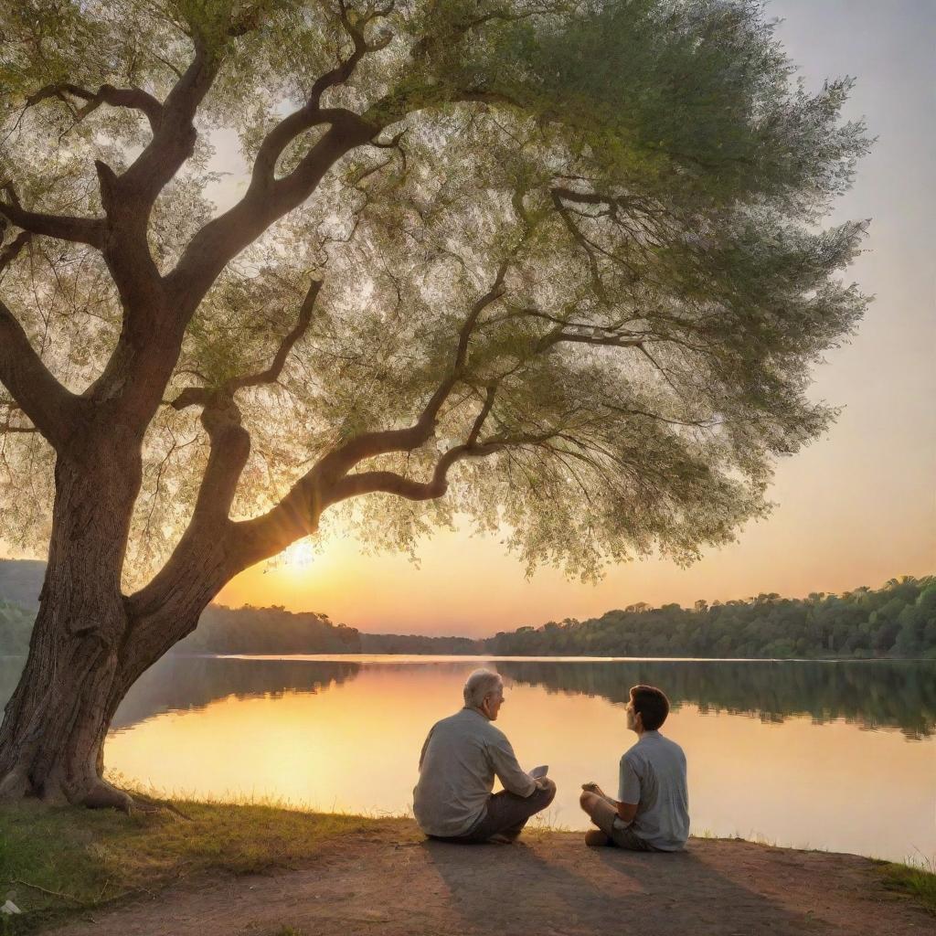 A 3D perspective of an elder man teaching his nephew life lessons under a majestic tree by a picturesque lake during sunset.