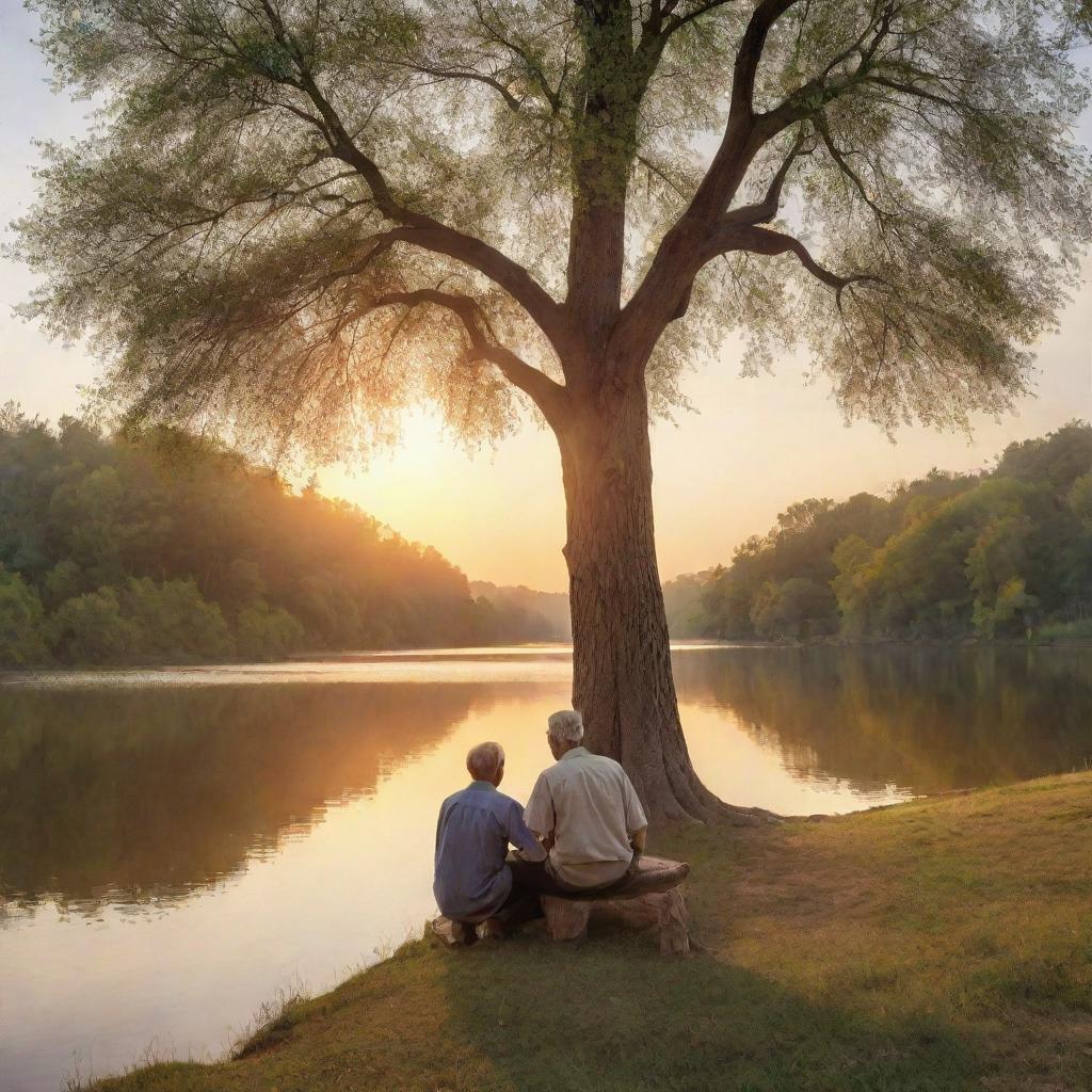 A 3D perspective of an elder man teaching his nephew life lessons under a majestic tree by a picturesque lake during sunset.