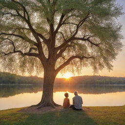 A 3D perspective of an elder man teaching his nephew life lessons under a majestic tree by a picturesque lake during sunset.