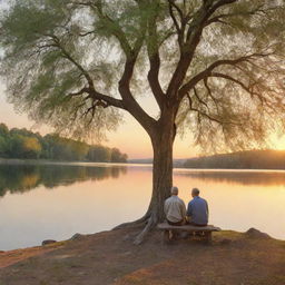 A 3D perspective of an elder man teaching his nephew life lessons under a majestic tree by a picturesque lake during sunset.