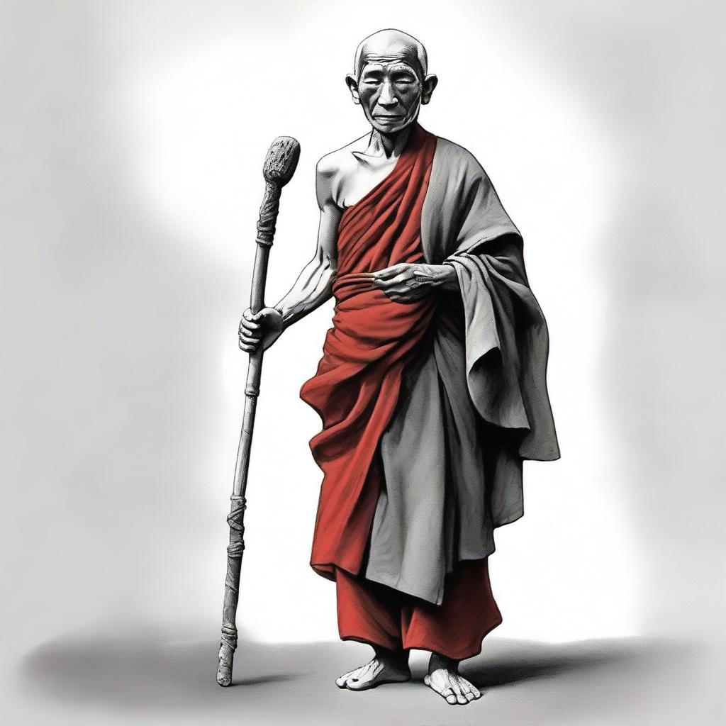 Draw a 40-year-old Tibetan monk who stands 6 feet tall