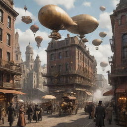 A bustling steampunk cityscape during a typical day, with citizens dressed in Victorian attire mingling with steam-powered mechanical contrivances, airships floating in the sky, and ornate, gear-filled buildings in the backdrop.