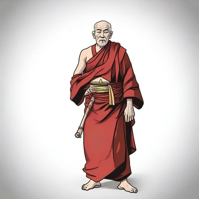 Draw a 40-year-old Tibetan monk who stands 6 feet tall