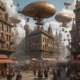 A bustling steampunk cityscape during a typical day, with citizens dressed in Victorian attire mingling with steam-powered mechanical contrivances, airships floating in the sky, and ornate, gear-filled buildings in the backdrop.