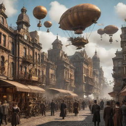 A bustling steampunk cityscape during a typical day, with citizens dressed in Victorian attire mingling with steam-powered mechanical contrivances, airships floating in the sky, and ornate, gear-filled buildings in the backdrop.