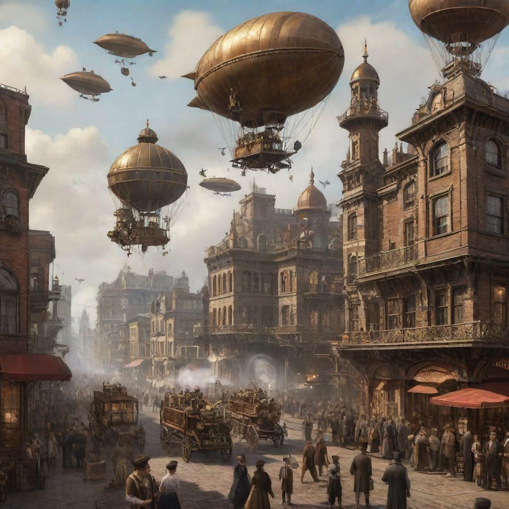 A bustling steampunk cityscape during a typical day, with citizens dressed in Victorian attire mingling with steam-powered mechanical contrivances, airships floating in the sky, and ornate, gear-filled buildings in the backdrop.