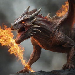 A hyper-realistic portrayal of an angry dragon climbing a person's calf, with flame spewing from its eyes, showcasing detailed scales, gleaming eyes, and visible heat distortion.