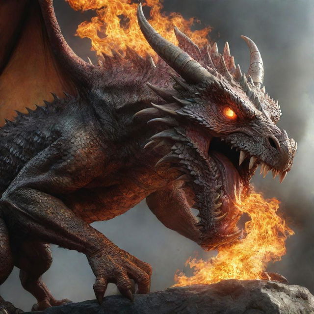 A hyper-realistic portrayal of an angry dragon climbing a person's calf, with flame spewing from its eyes, showcasing detailed scales, gleaming eyes, and visible heat distortion.