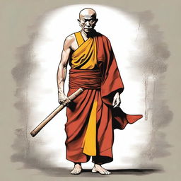 Draw a 6 feet tall Tibetan monk who is carrying a vajra, a symbol of his spiritual practice and commitment to the Buddhist path