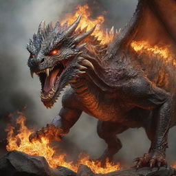 A hyper-realistic portrayal of an angry dragon climbing a person's calf, with flame spewing from its eyes, showcasing detailed scales, gleaming eyes, and visible heat distortion.