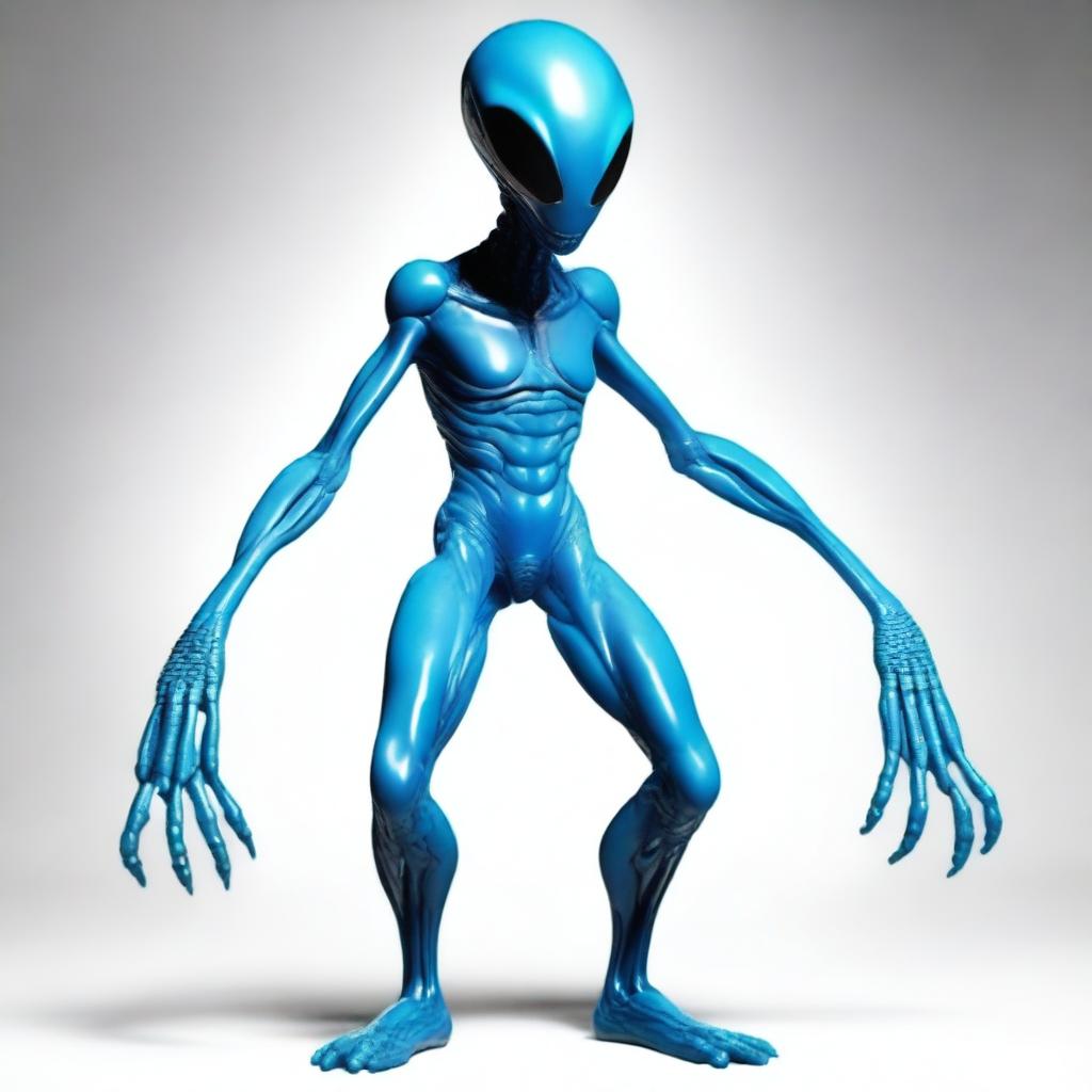 Draw an alien who stands 8 feet tall with a vibrant blue skin color