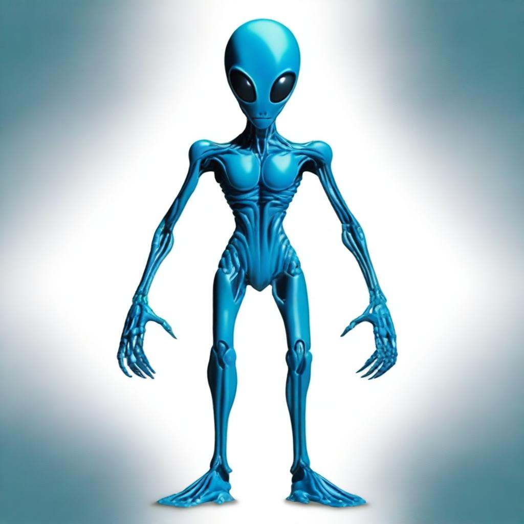 Draw an alien who stands 8 feet tall with a vibrant blue skin color