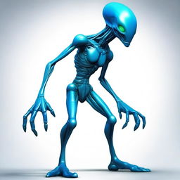 Draw an alien who stands 8 feet tall with a vibrant blue skin color