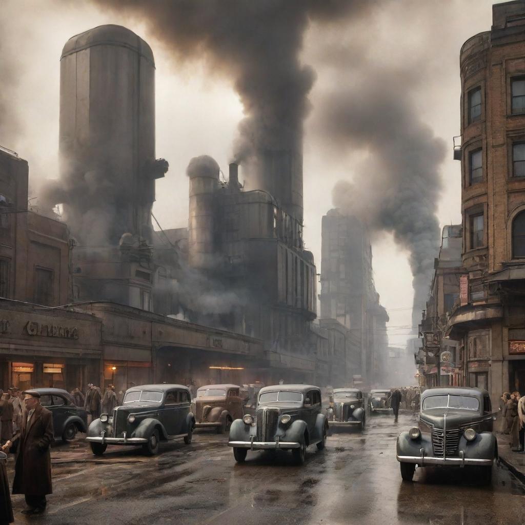 A daily scene in a dieselpunk city, with individuals in 1940s attire combined with futuristic machinery. Streets filled with diesel-run vehicles, colossal factories billowing smoke, and art-deco architecture pervading the cityscape.