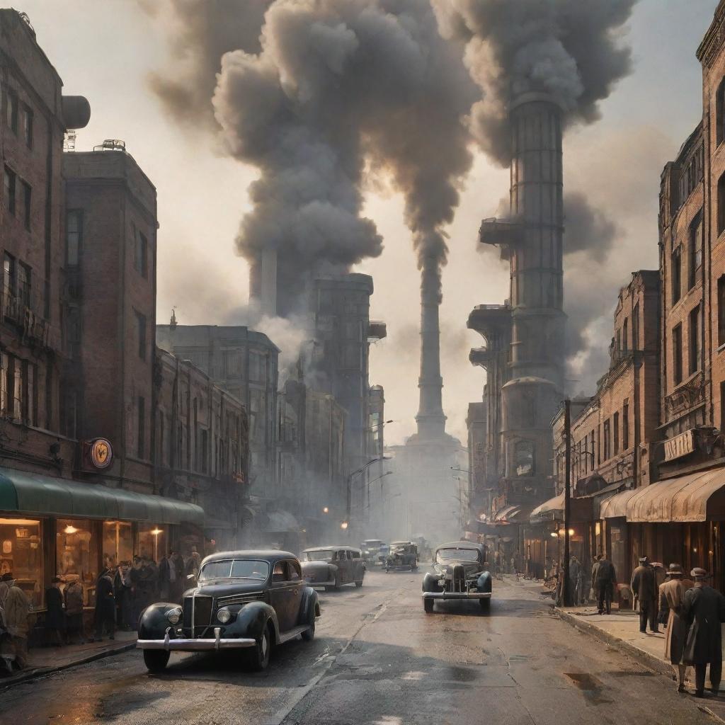 A daily scene in a dieselpunk city, with individuals in 1940s attire combined with futuristic machinery. Streets filled with diesel-run vehicles, colossal factories billowing smoke, and art-deco architecture pervading the cityscape.