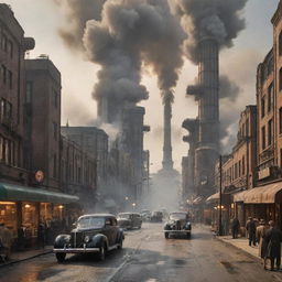 A daily scene in a dieselpunk city, with individuals in 1940s attire combined with futuristic machinery. Streets filled with diesel-run vehicles, colossal factories billowing smoke, and art-deco architecture pervading the cityscape.