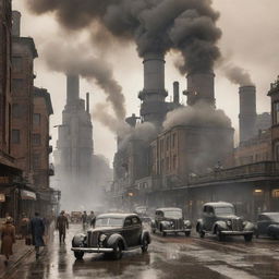 A daily scene in a dieselpunk city, with individuals in 1940s attire combined with futuristic machinery. Streets filled with diesel-run vehicles, colossal factories billowing smoke, and art-deco architecture pervading the cityscape.