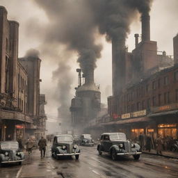 A daily scene in a dieselpunk city, with individuals in 1940s attire combined with futuristic machinery. Streets filled with diesel-run vehicles, colossal factories billowing smoke, and art-deco architecture pervading the cityscape.