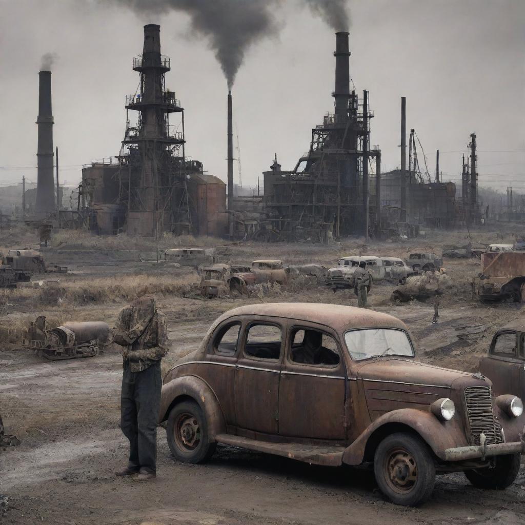 Depict an oilpunk setting illustrating daily life, showcasing mid 20th-century fashion and industrial landscapes dominated by oil derricks, pipelines, and machinery, with the urban scene filled with oil-fueled vehicles and grime-covered workers.