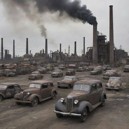 Depict an oilpunk setting illustrating daily life, showcasing mid 20th-century fashion and industrial landscapes dominated by oil derricks, pipelines, and machinery, with the urban scene filled with oil-fueled vehicles and grime-covered workers.