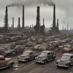 Depict an oilpunk setting illustrating daily life, showcasing mid 20th-century fashion and industrial landscapes dominated by oil derricks, pipelines, and machinery, with the urban scene filled with oil-fueled vehicles and grime-covered workers.