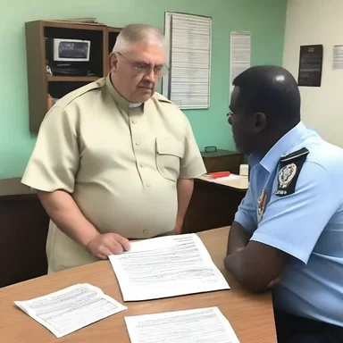 The priest visited the police station and had a conversation with the desk sergeant about the community's safety concerns.