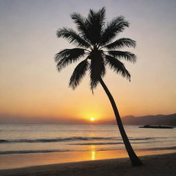 A tranquil beach scene with a golden sunset behind a silhouette of a palm tree