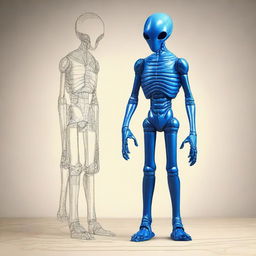 Draw an extraterrestrial (ET) being that stands 8 feet tall with handsome features and blue skin