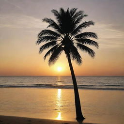 A tranquil beach scene with a golden sunset behind a silhouette of a palm tree