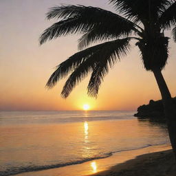 A tranquil beach scene with a golden sunset behind a silhouette of a palm tree