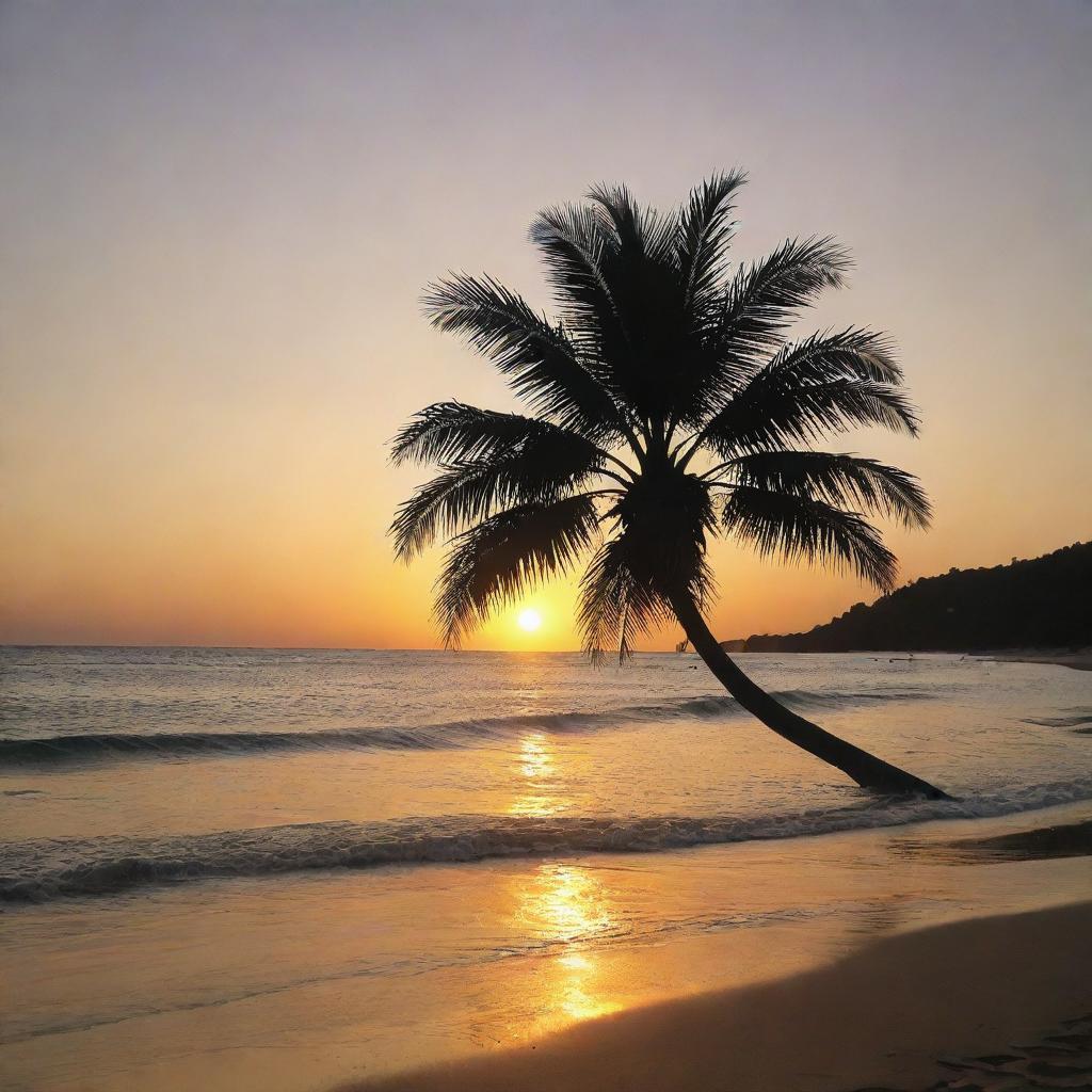 A tranquil beach scene with a golden sunset behind a silhouette of a palm tree